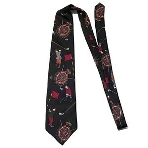 Vintage 100% Silk Golf Neck Tie Gant Black Red Green Golf Clubs Players Father